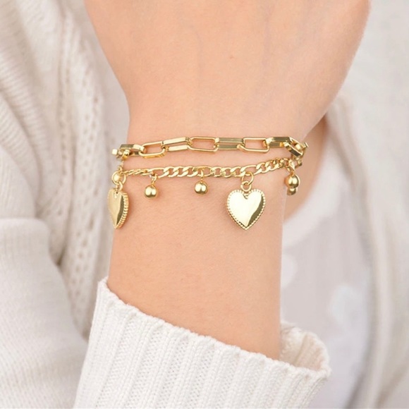 Jewelry - Double Heart Double Chain Gold Tone Charm Bracelet